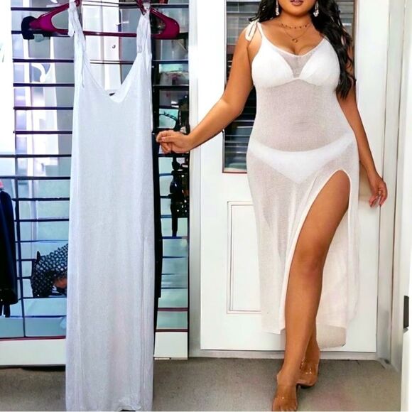 Hi-slit l Sheer Dress l Soft Stretch l White  l adjustable ties l OX l New - Picture 1 of 7